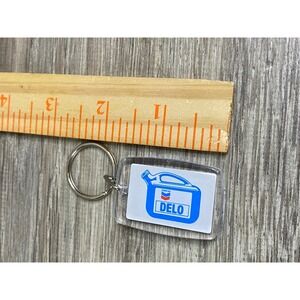 Vintage Chevron Delo Oil Jug Keychain Acrylic Gas Station Advertising Fob Blue